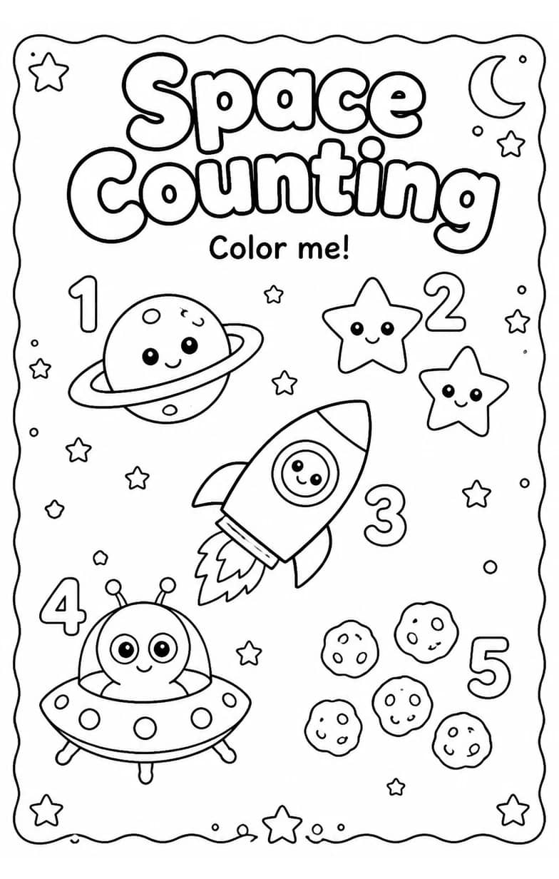 Space Counting Coloring Page — free printable Pre-K Math worksheet