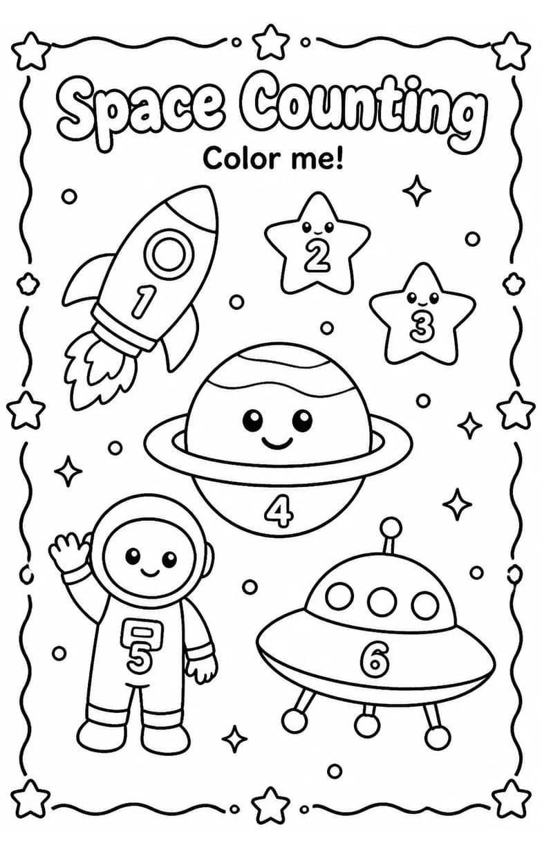 Space Counting Coloring Page — free printable Preschool Math worksheet