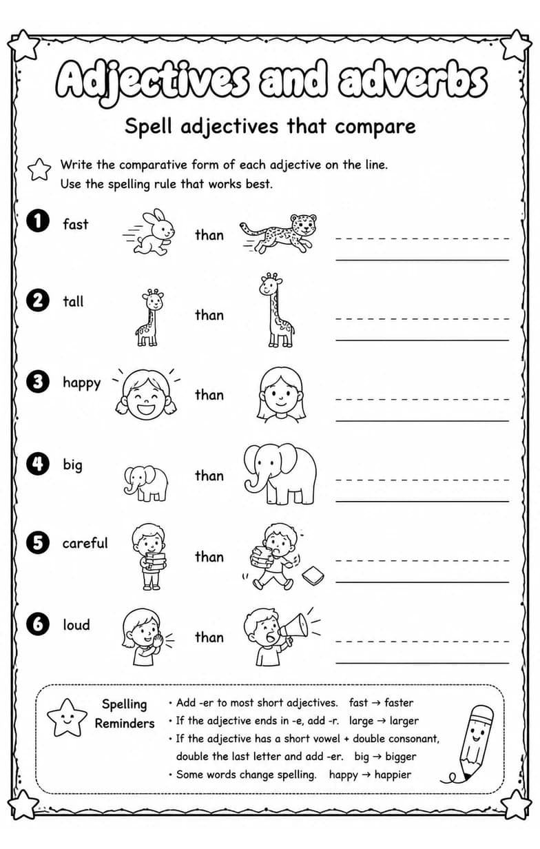 Spell adjectives that compare — free printable Grade 3 English & Reading worksheet