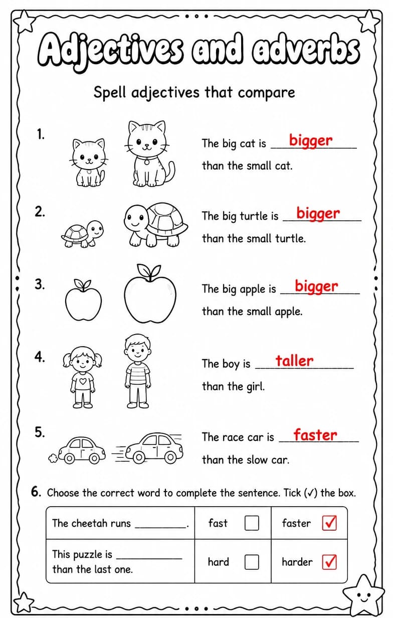 Answer key for Spell adjectives that compare — free printable English & Reading worksheet
