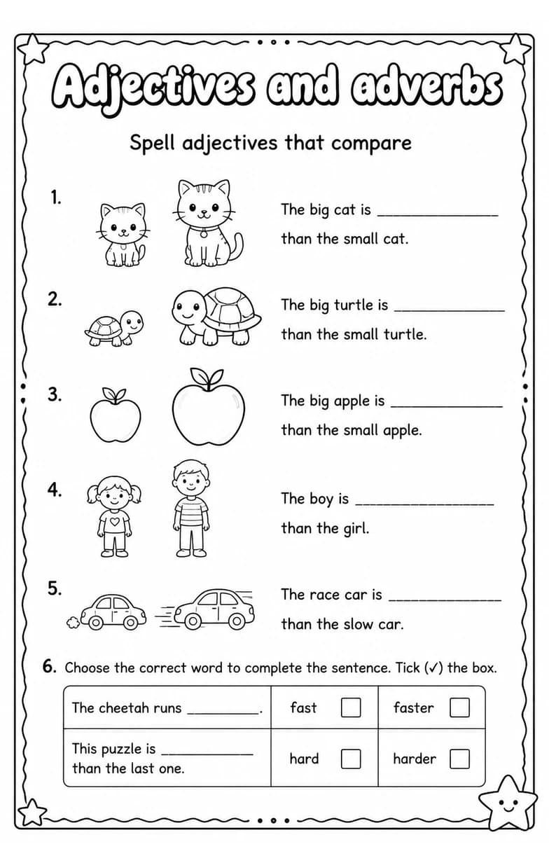 Spell adjectives that compare — free printable Grade 4 English & Reading worksheet