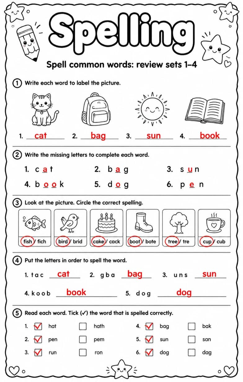 Answer key for Spell common words: review sets 1–4 — free printable English & Reading worksheet