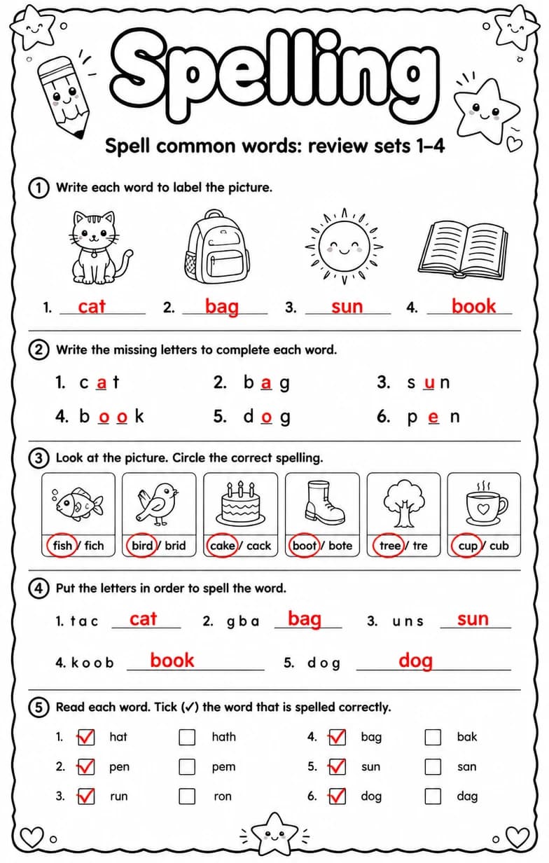 Answer key for Spell common words: review sets 1–4 — free printable English & Reading worksheet