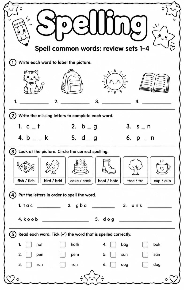 Spell common words: review sets 1–4 — free printable Grammar and mechanics English worksheet