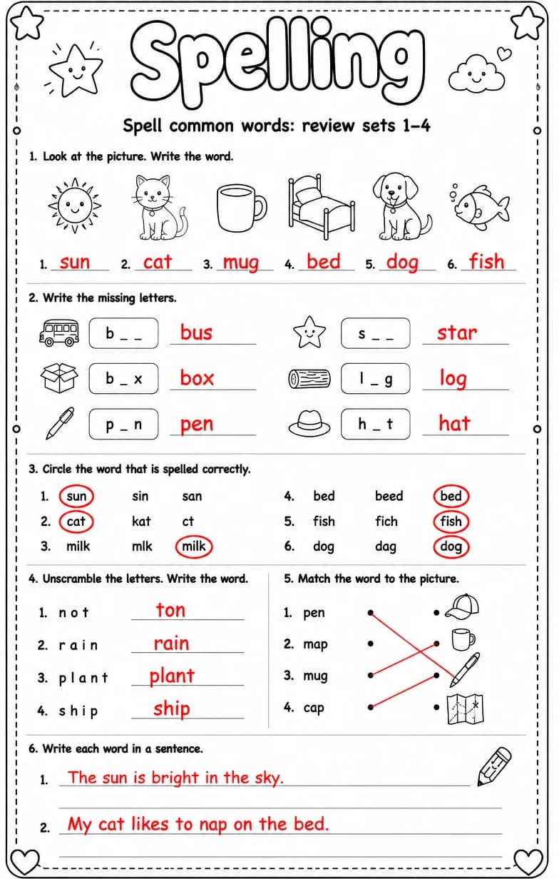 Answer key for Spell common words: review sets 1–4 — free printable English & Reading worksheet
