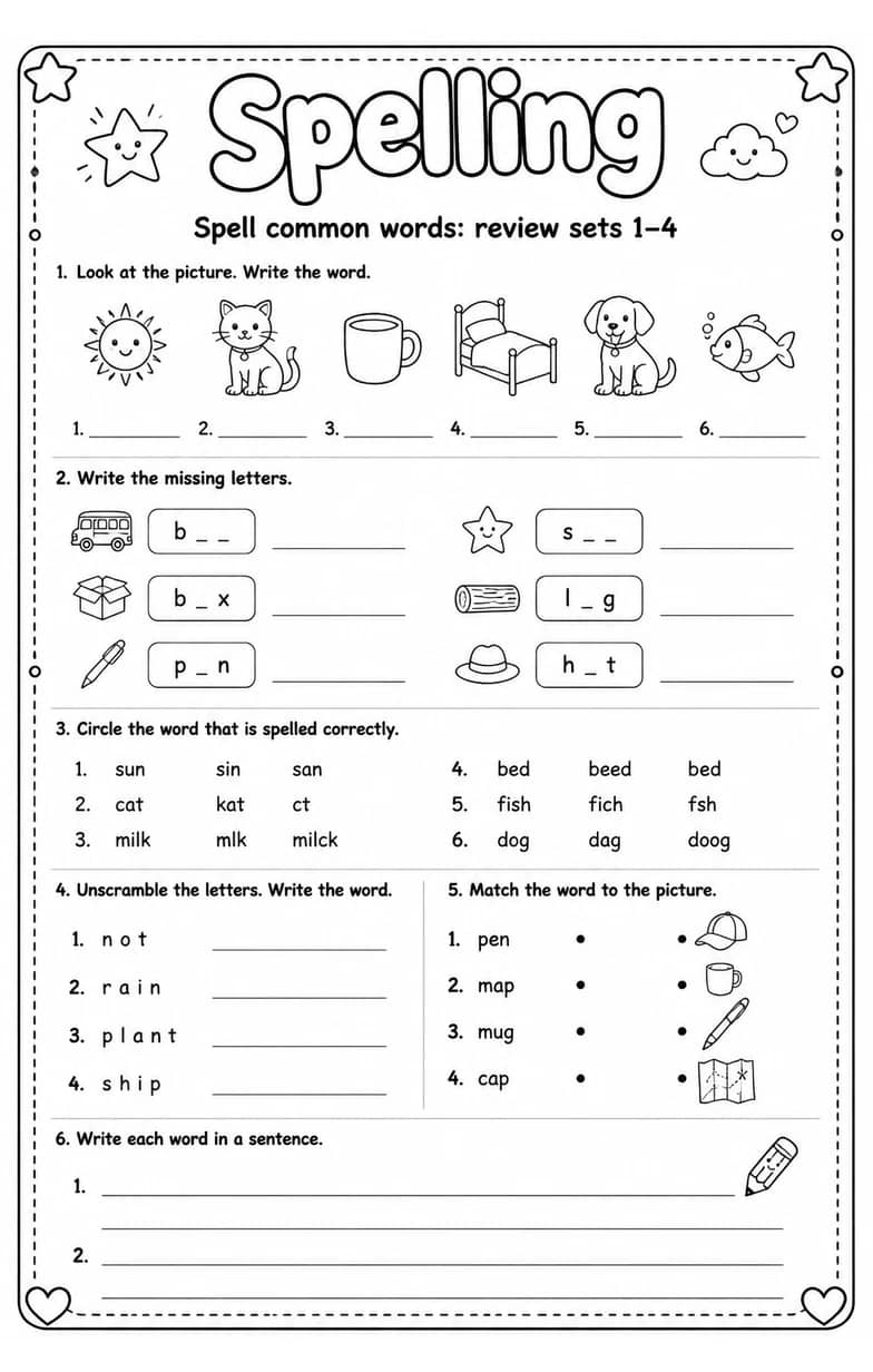 Spell common words: review sets 1–4 — free printable Grammar and mechanics English worksheet