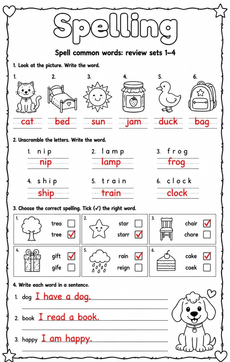Answer key for Spell common words: review sets 1–4 — free printable English & Reading worksheet