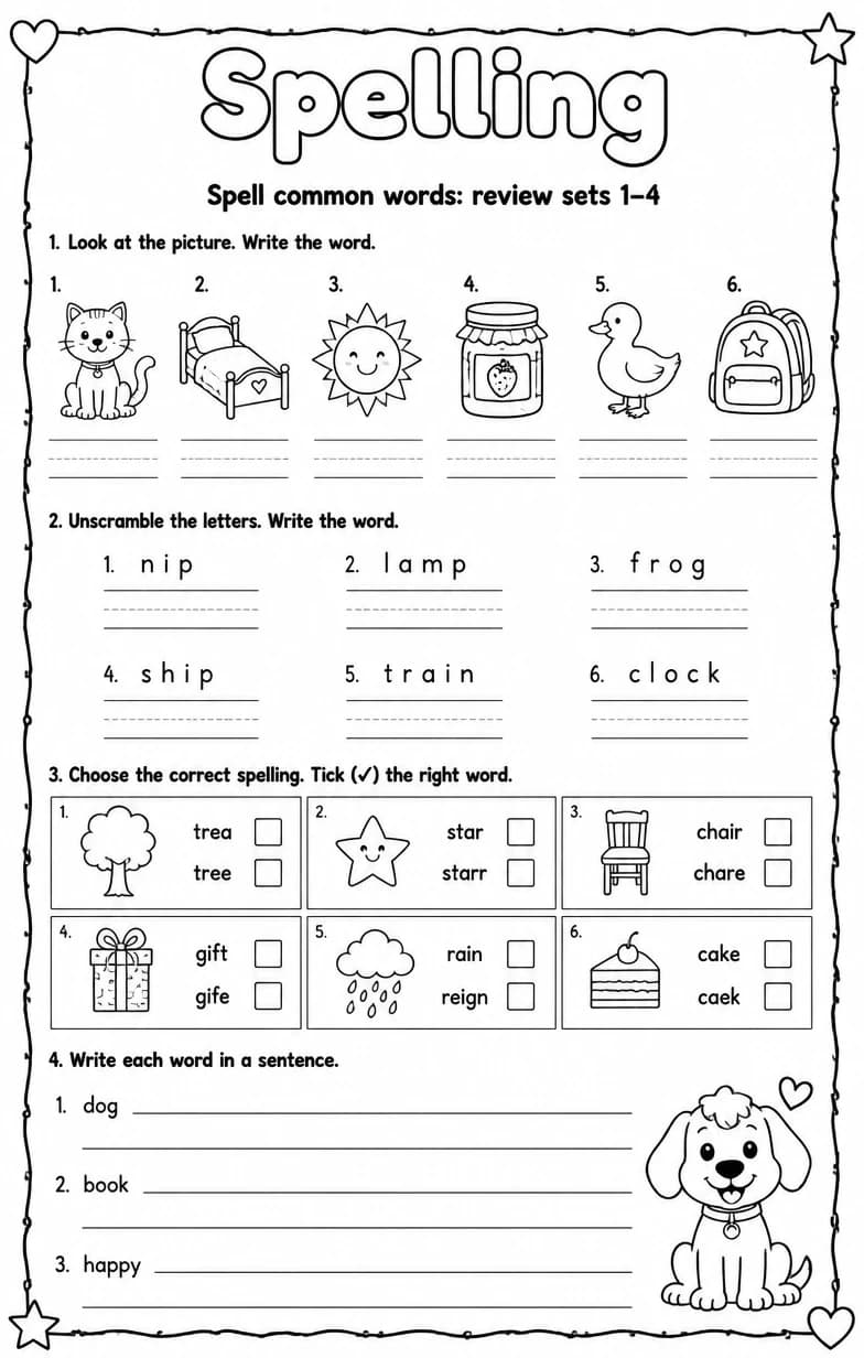 Spell common words: review sets 1–4 — free printable Grade 5 English & Reading worksheet