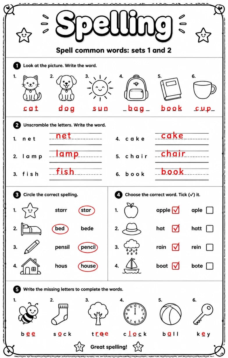 Answer key for Spell common words: sets 1 and 2 — free printable English & Reading worksheet