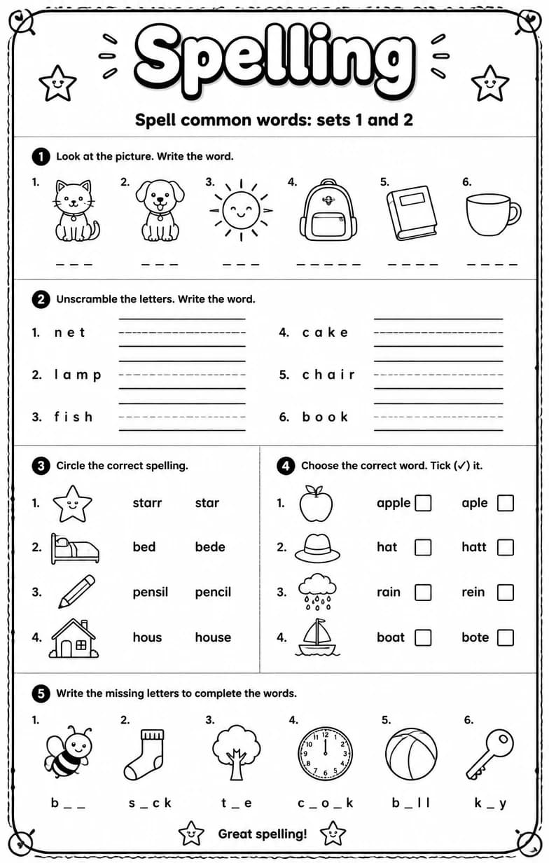 Spell common words: sets 1 and 2 — free printable Grammar and mechanics English worksheet