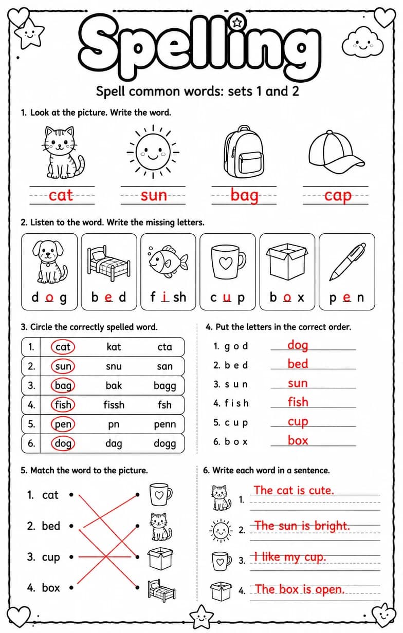 Answer key for Spell common words: sets 1 and 2 — free printable English & Reading worksheet