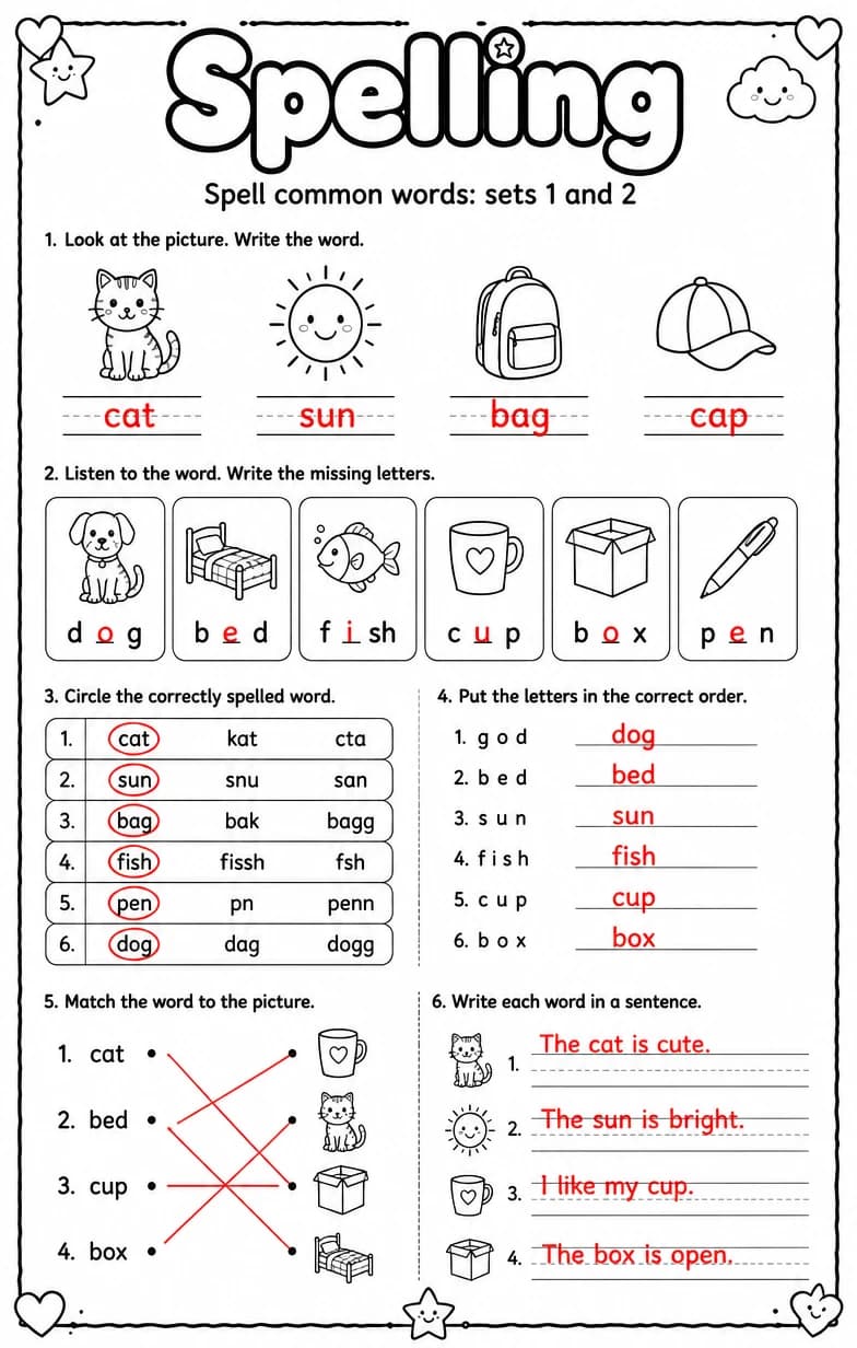 Answer key for Spell common words: sets 1 and 2 — free printable English & Reading worksheet