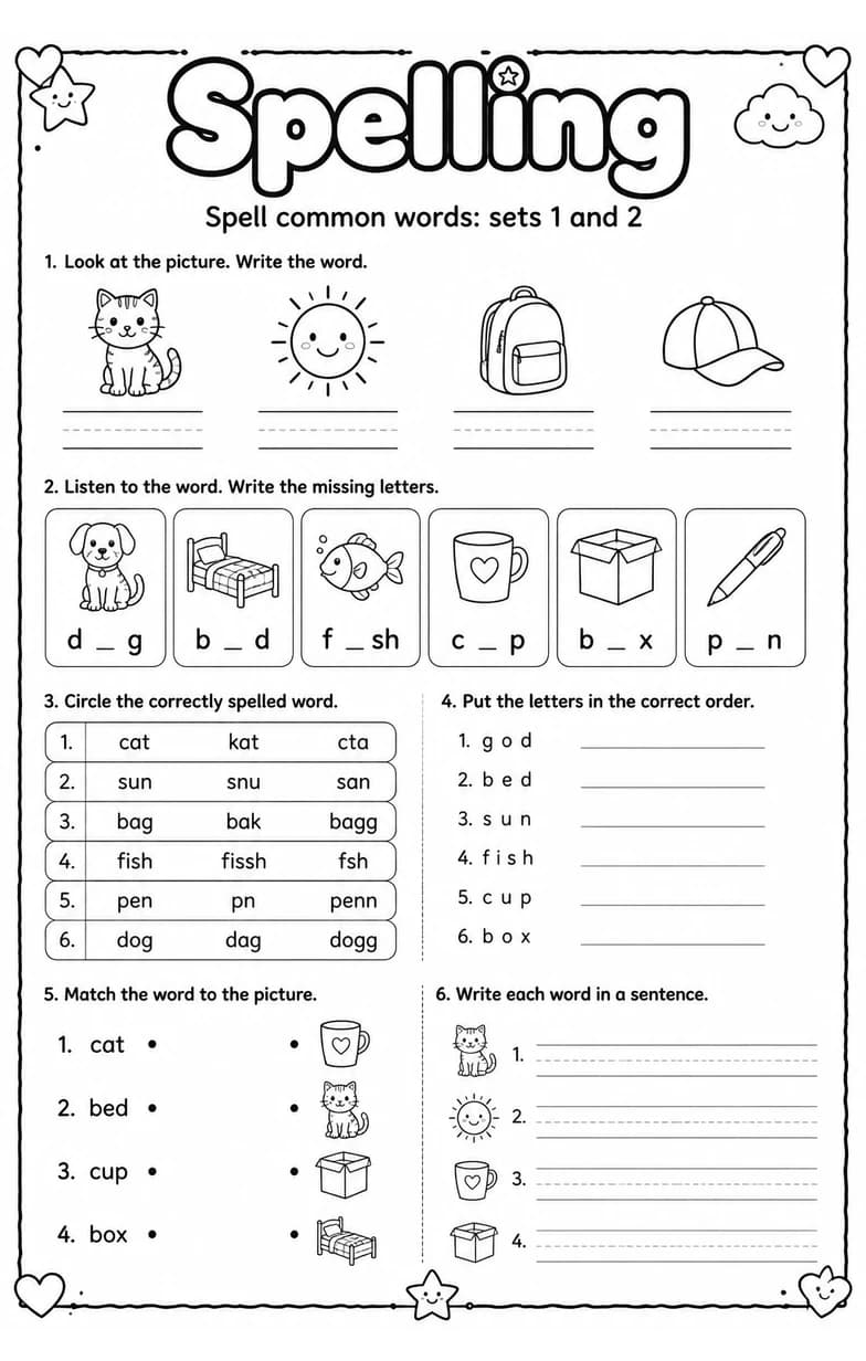 Spell common words: sets 1 and 2 — free printable Grade 4 English & Reading worksheet