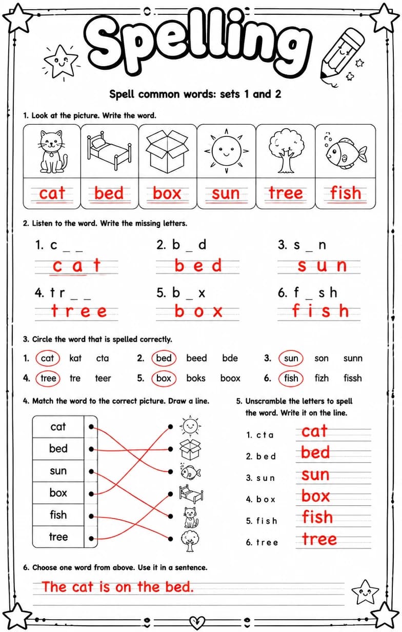 Answer key for Spell common words: sets 1 and 2 — free printable English & Reading worksheet