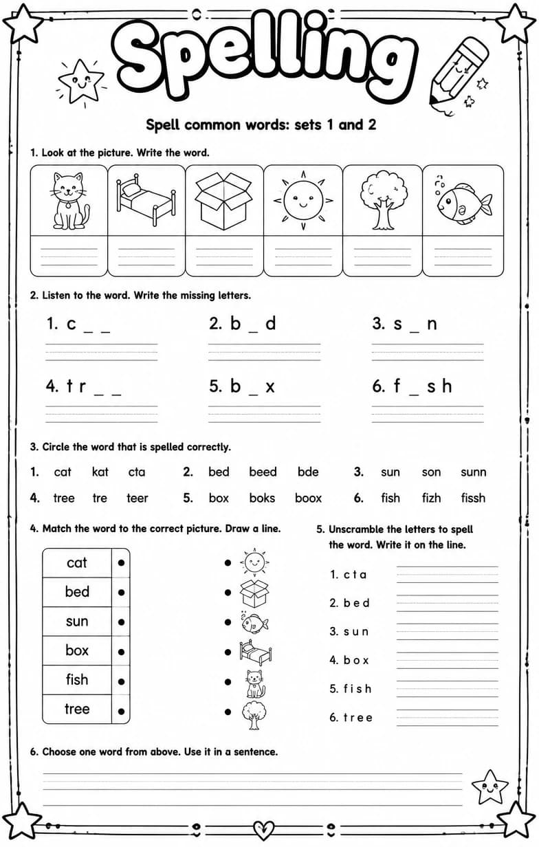 Spell common words: sets 1 and 2 — free printable Grade 5 English & Reading worksheet