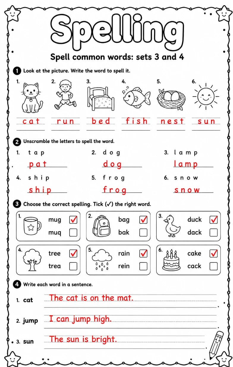 Answer key for Spell common words: sets 3 and 4 — free printable English & Reading worksheet
