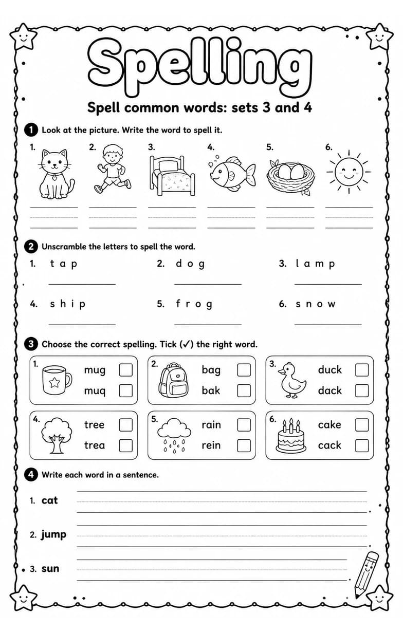 Spell common words: sets 3 and 4 — free printable Grammar and mechanics English worksheet