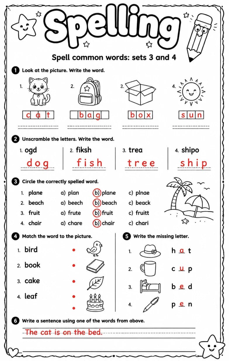 Answer key for Spell common words: sets 3 and 4 — free printable English & Reading worksheet
