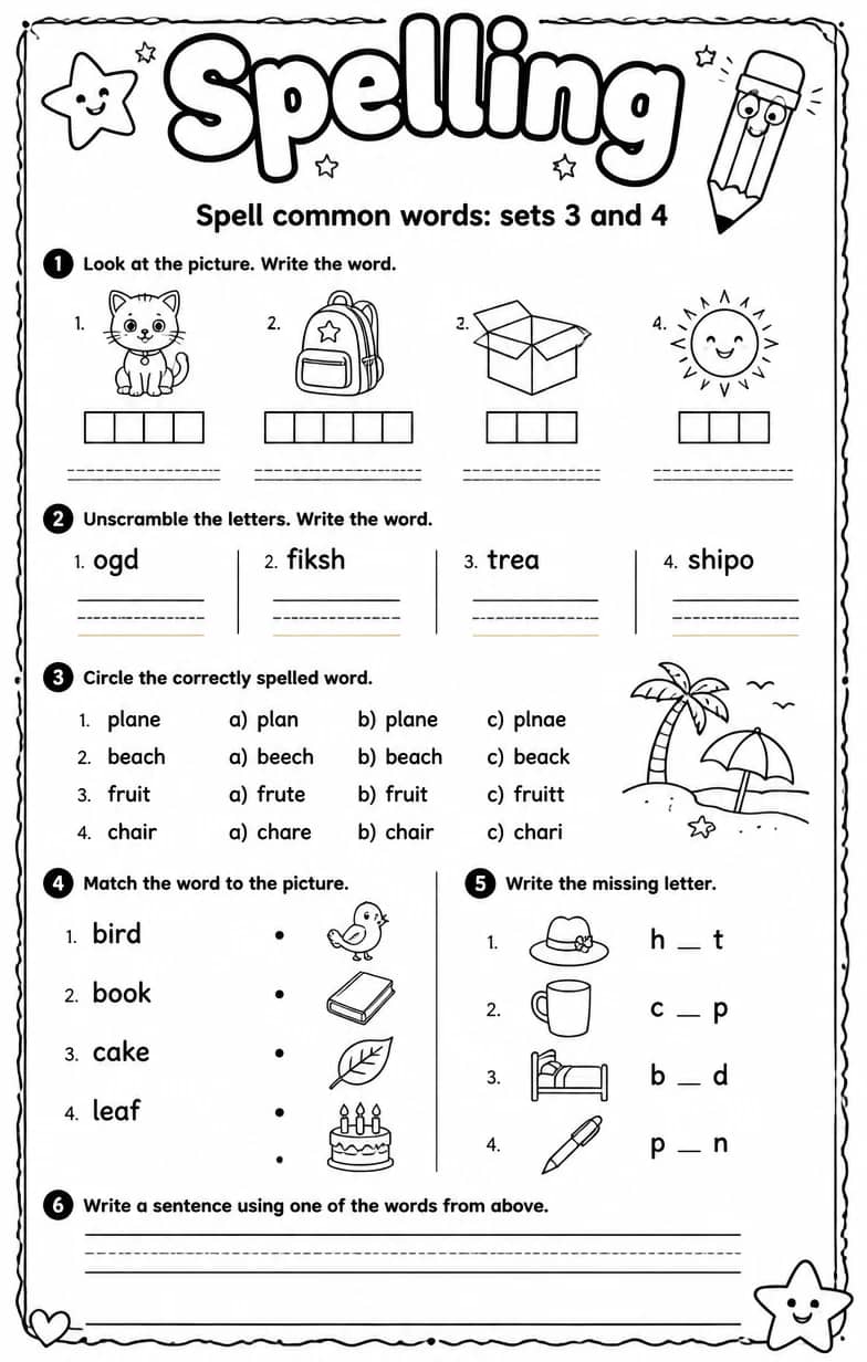 Spell common words: sets 3 and 4 — free printable Grammar and mechanics English worksheet