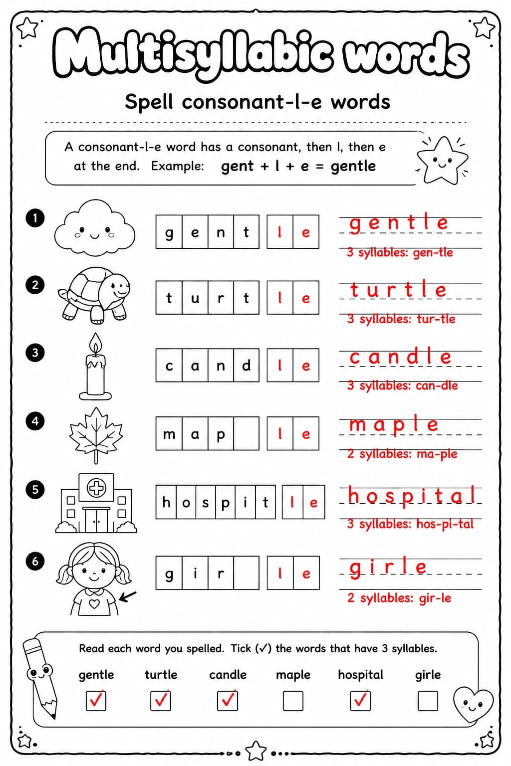 Answer key for Spell consonant-l-e words — free printable English & Reading worksheet