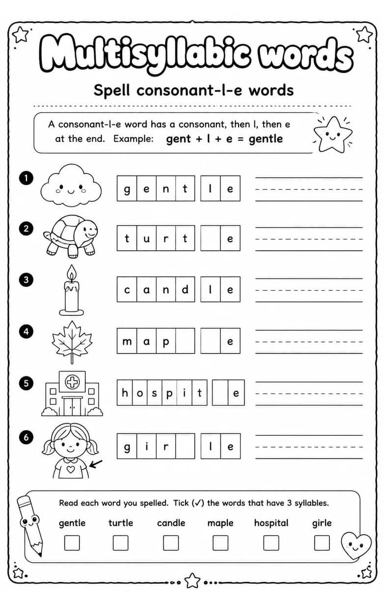 Spell consonant-l-e words — free printable Reading foundations English worksheet