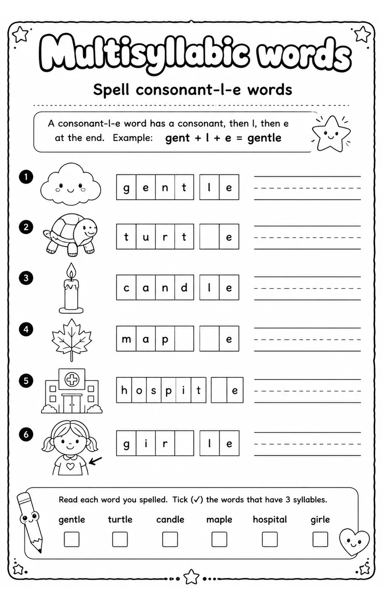 Spell consonant-l-e words — free printable Reading foundations English worksheet