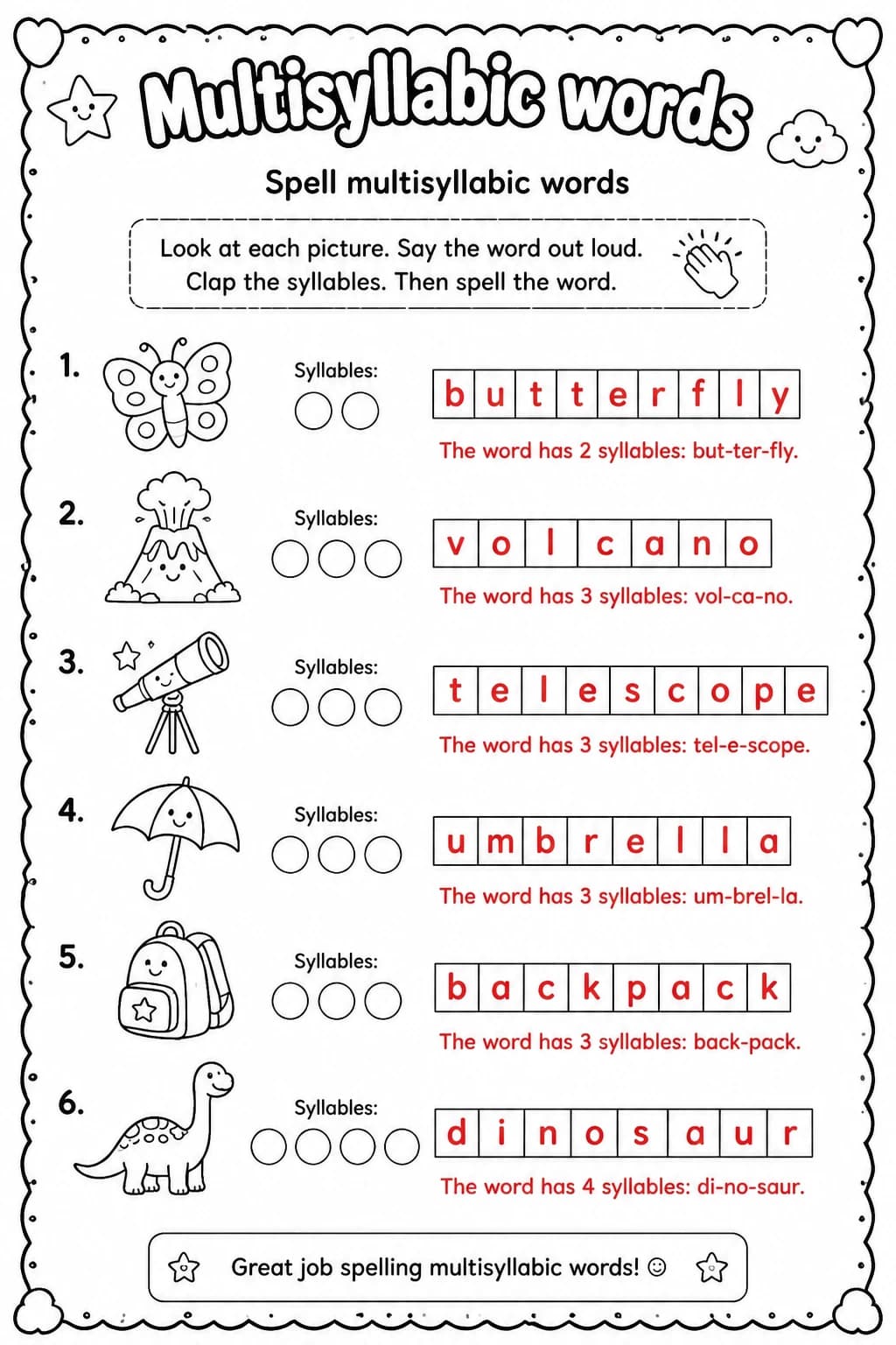 Answer key for Spell multisyllabic words — free printable English & Reading worksheet
