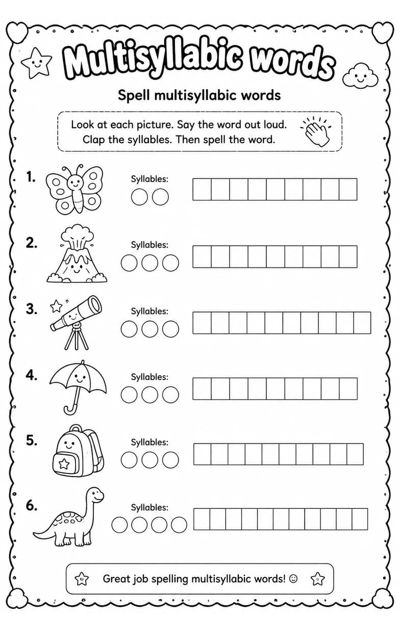 Spell multisyllabic words — free printable Reading foundations English worksheet