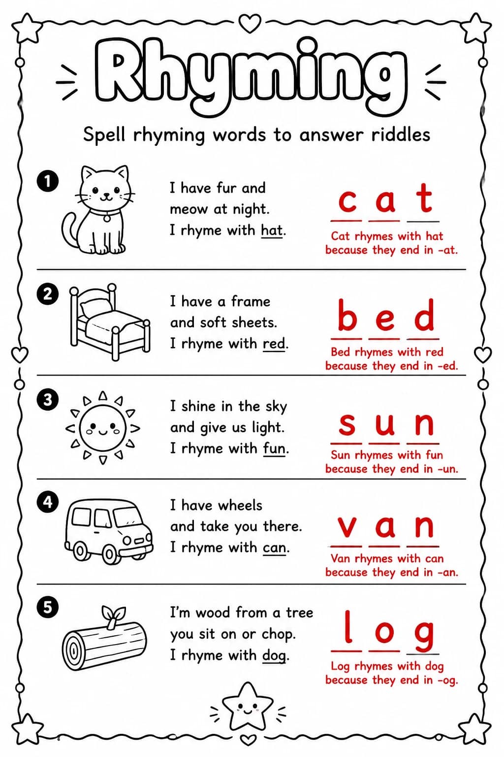Answer key for Spell rhyming words to answer riddles — free printable English & Reading worksheet