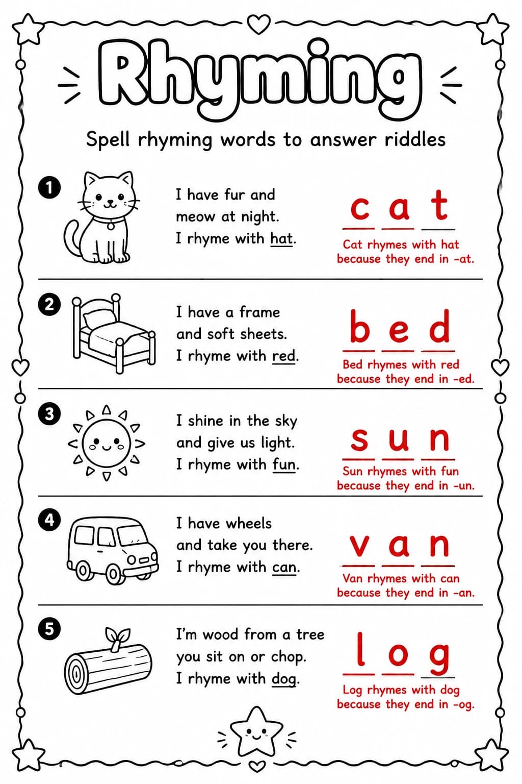 Answer key for Spell rhyming words to answer riddles — free printable English & Reading worksheet