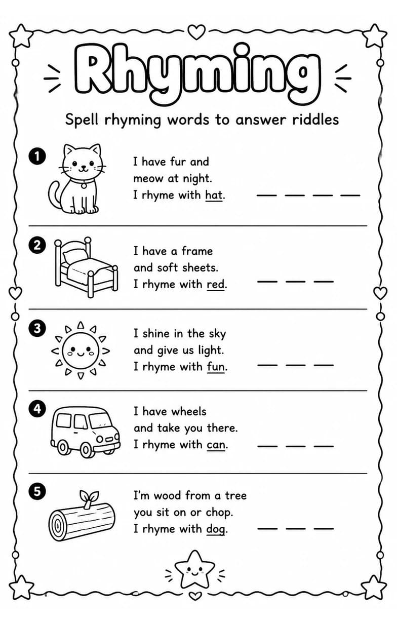 Spell rhyming words to answer riddles — free printable Reading foundations English worksheet