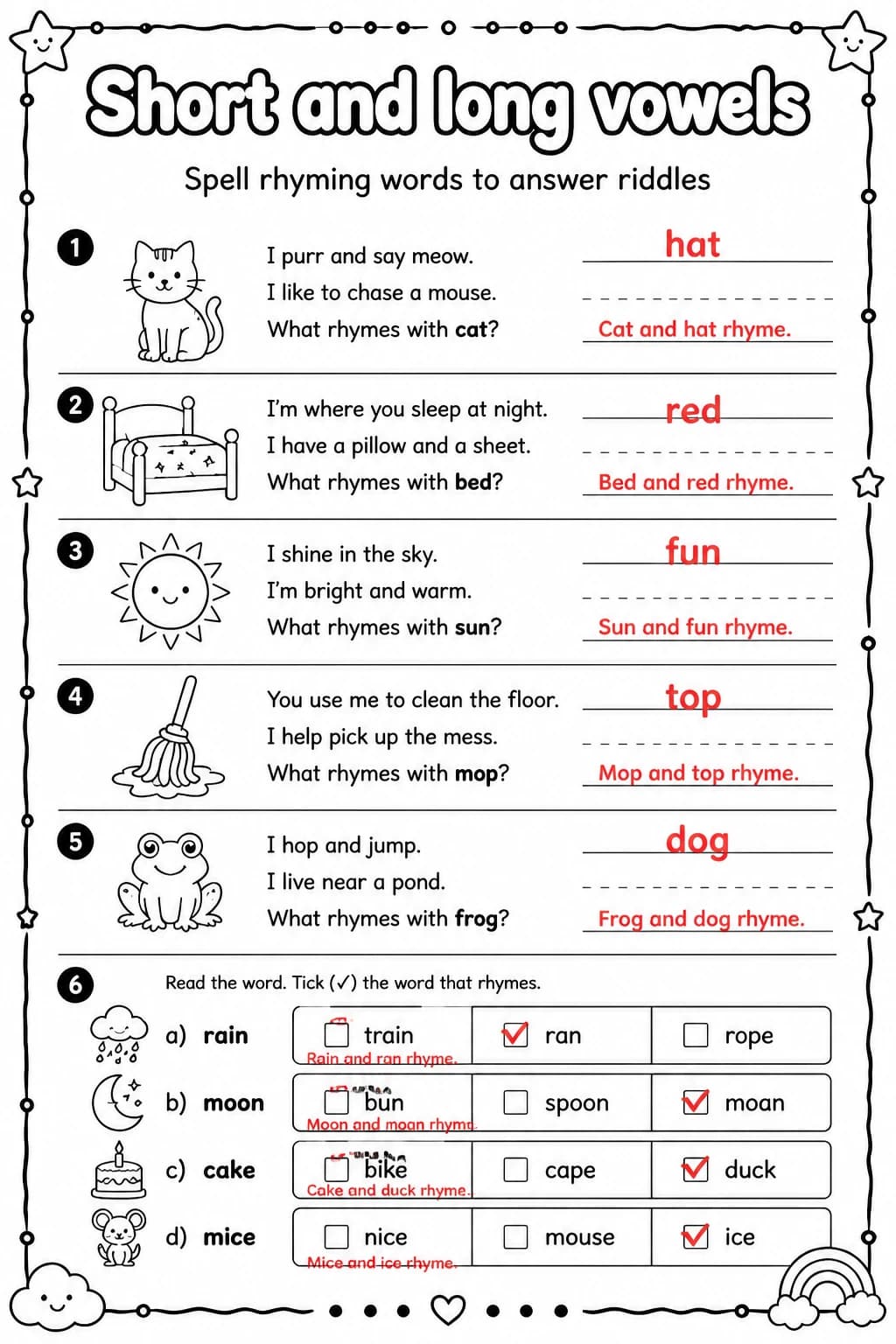 Answer key for Spell rhyming words to answer riddles — free printable English & Reading worksheet
