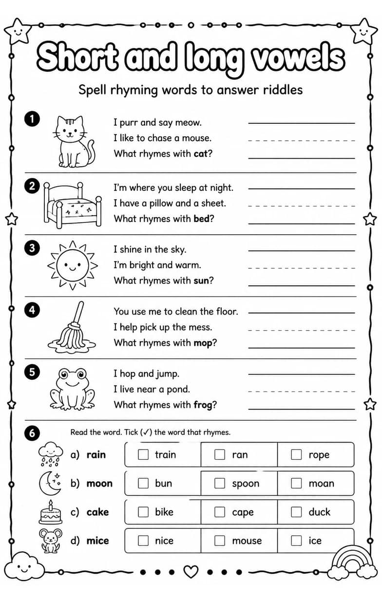 Spell rhyming words to answer riddles — free printable Reading foundations English worksheet