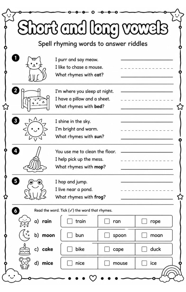 Spell rhyming words to answer riddles — free printable Reading foundations English worksheet