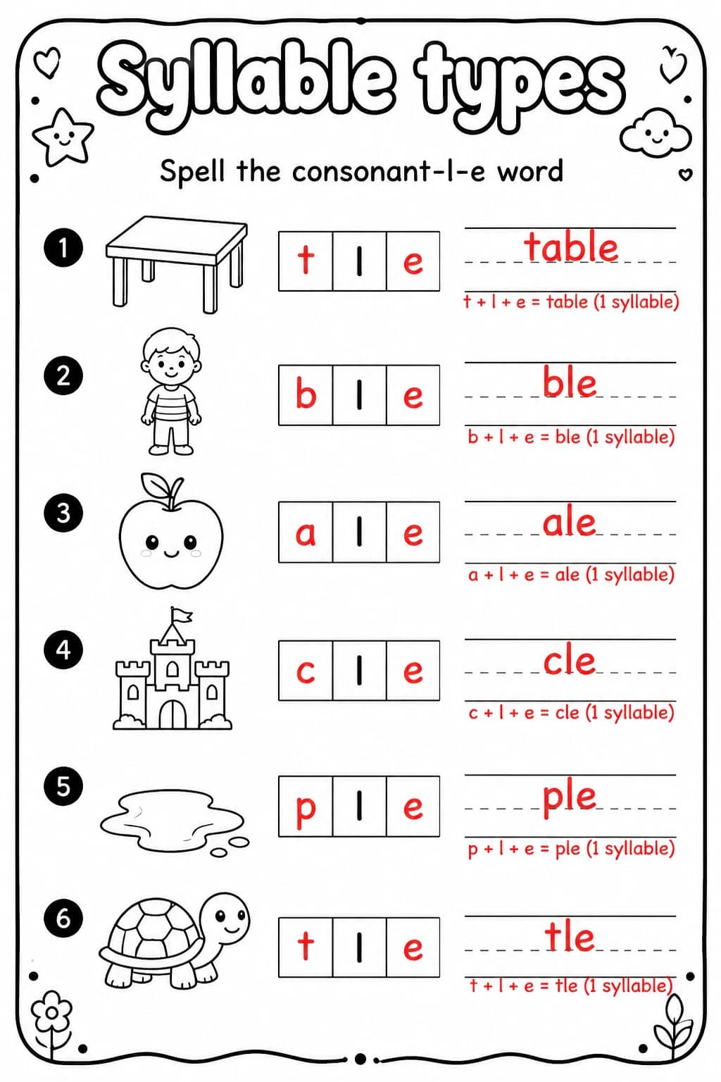 Answer key for Spell the consonant-l-e word — free printable English & Reading worksheet