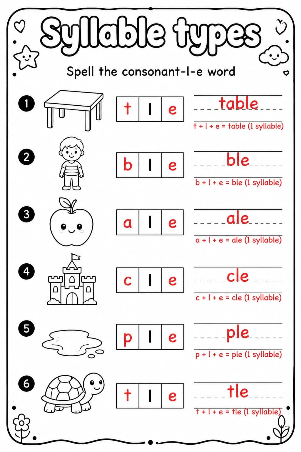 Answer key for Spell the consonant-l-e word — free printable English & Reading worksheet