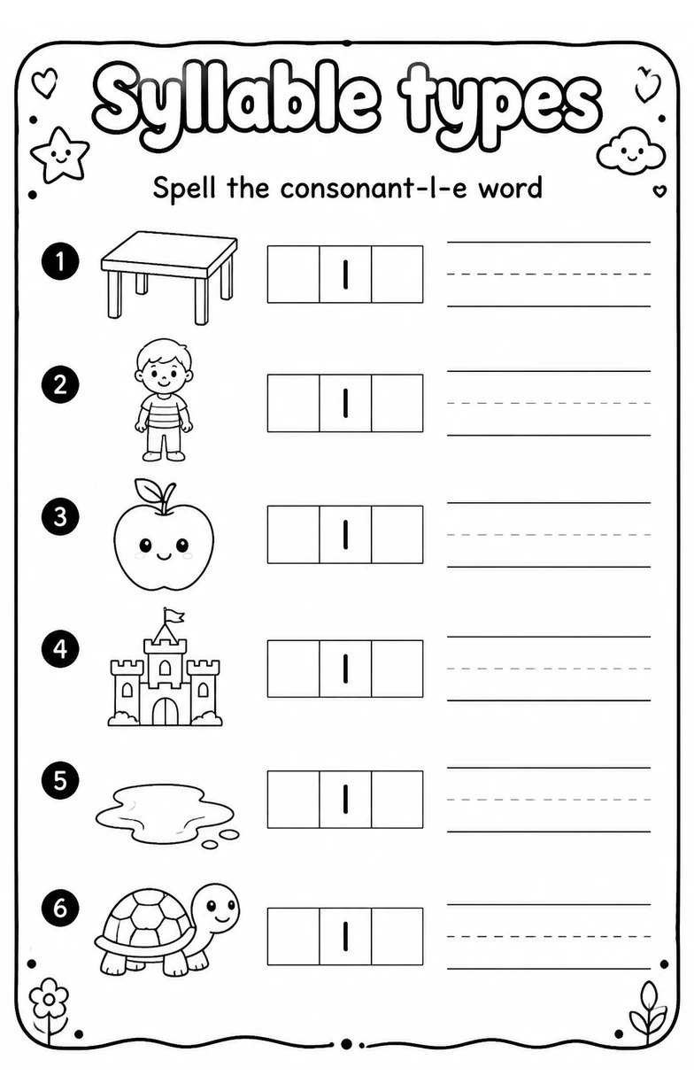 Spell the consonant-l-e word — free printable Reading foundations English worksheet