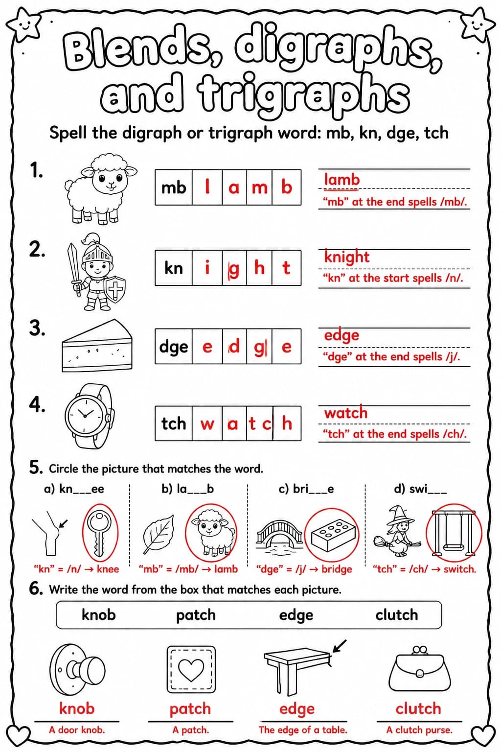 Answer key for Spell the digraph or trigraph word: mb, kn, dge, tch — free printable English & Reading worksheet