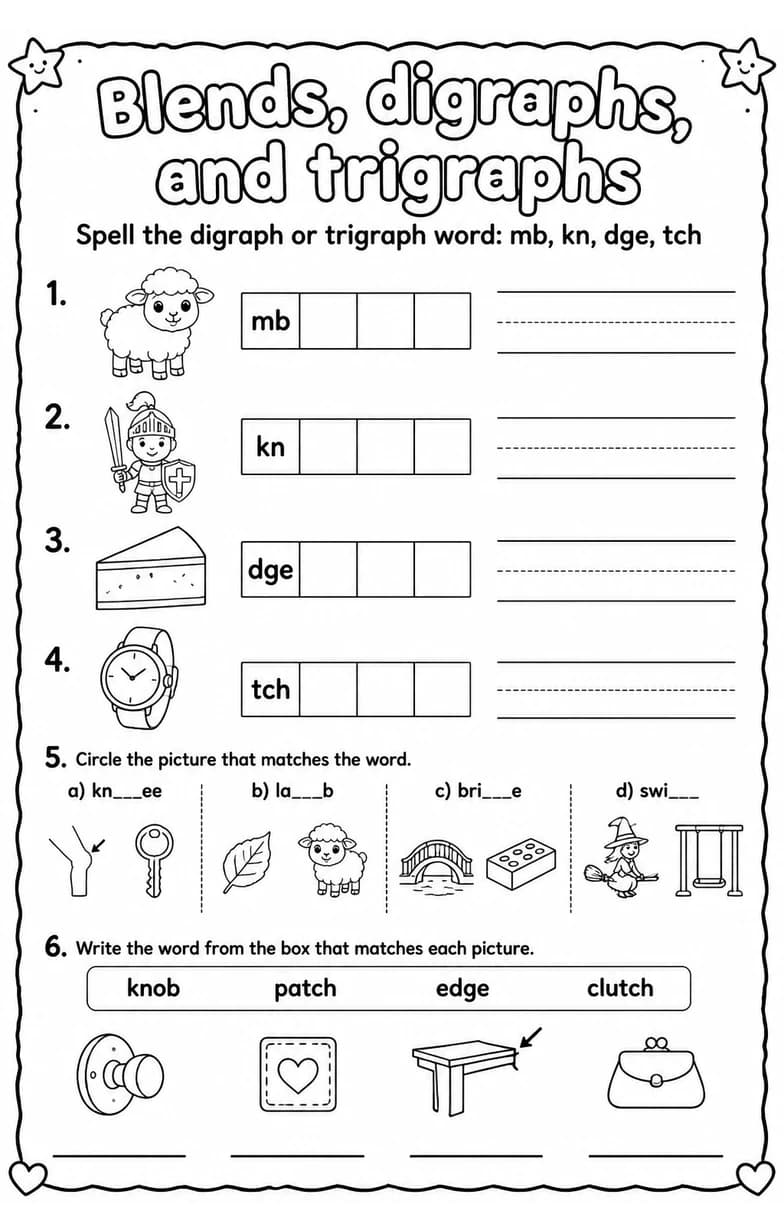 Spell the digraph or trigraph word: mb, kn, dge, tch — free printable Grade 3 English & Reading worksheet