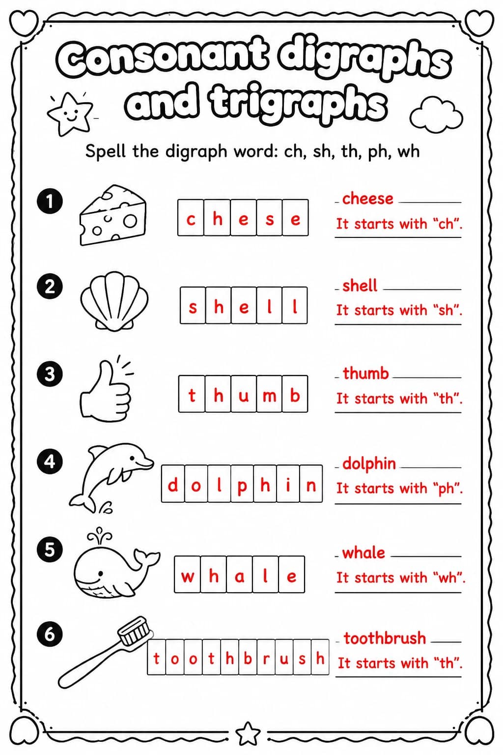 Answer key for Spell the digraph word: ch, sh, th, ph, wh — free printable English & Reading worksheet