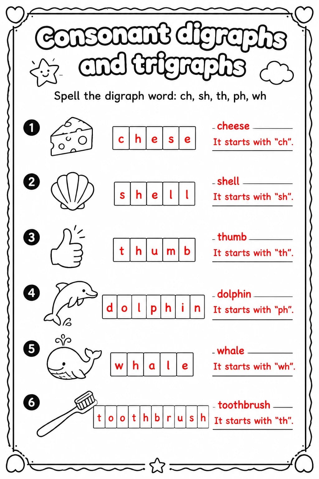 Answer key for Spell the digraph word: ch, sh, th, ph, wh — free printable English & Reading worksheet