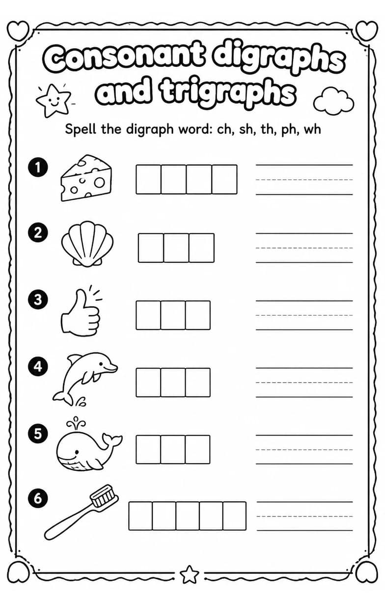 Spell the digraph word: ch, sh, th, ph, wh — free printable Reading foundations English worksheet