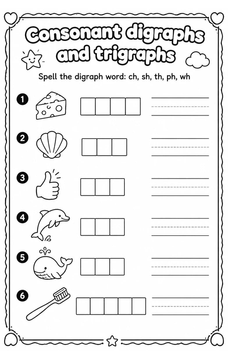 Spell the digraph word: ch, sh, th, ph, wh — free printable Reading foundations English worksheet
