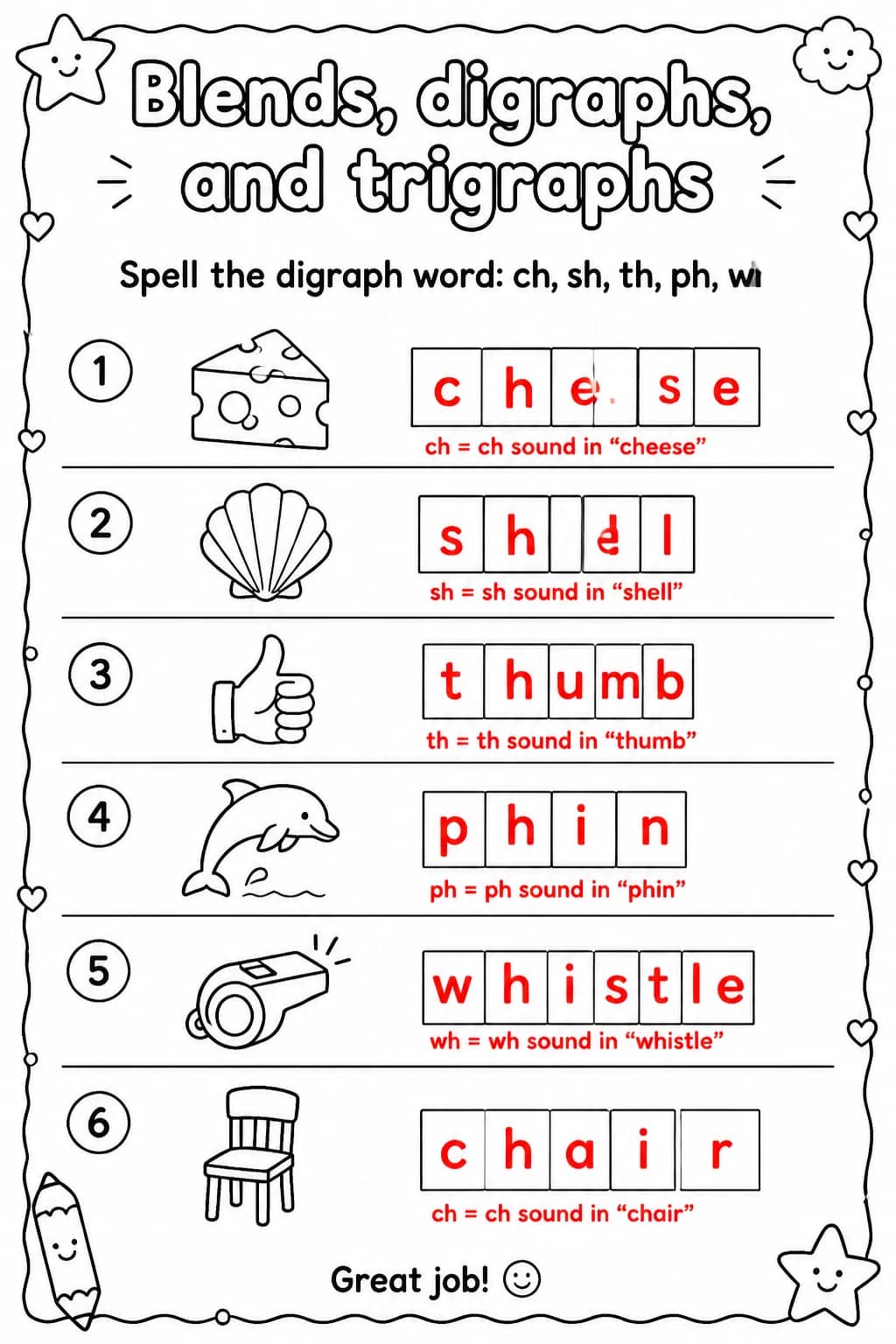 Answer key for Spell the digraph word: ch, sh, th, ph, wh — free printable English & Reading worksheet