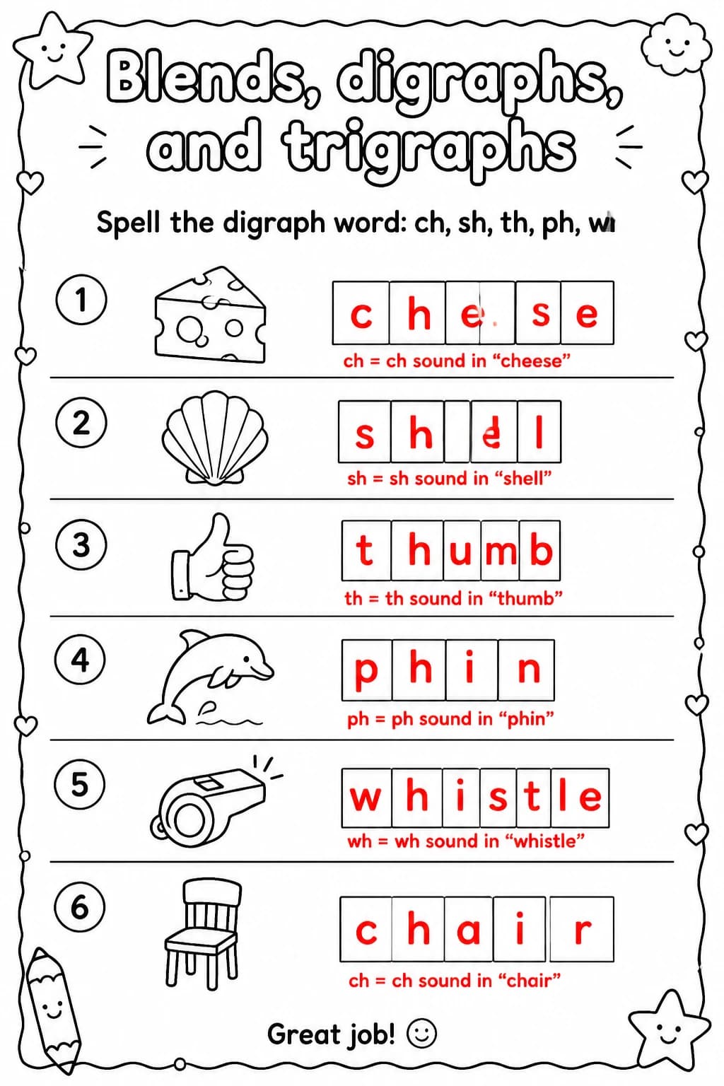 Answer key for Spell the digraph word: ch, sh, th, ph, wh — free printable English & Reading worksheet