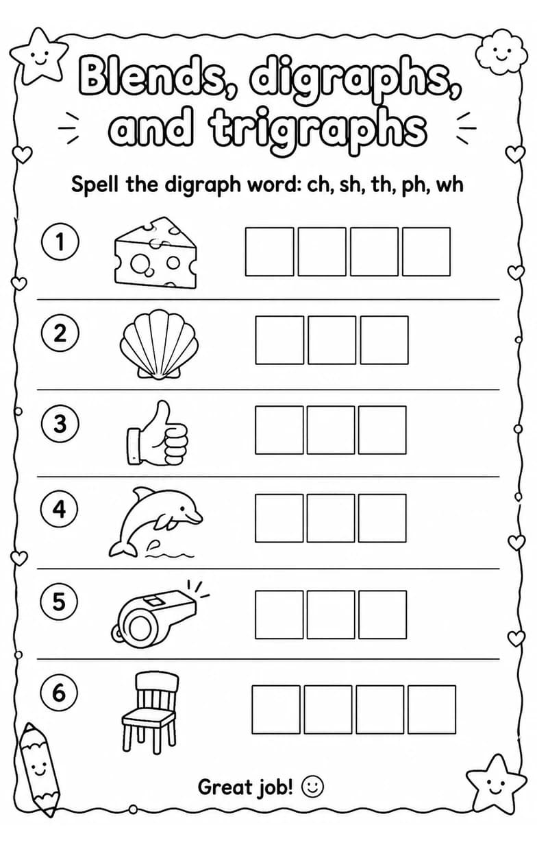 Spell the digraph word: ch, sh, th, ph, wh — free printable Reading foundations English worksheet