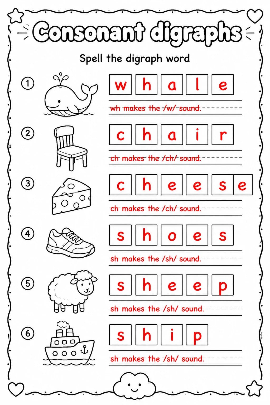 Answer key for Spell the digraph word — free printable English & Reading worksheet