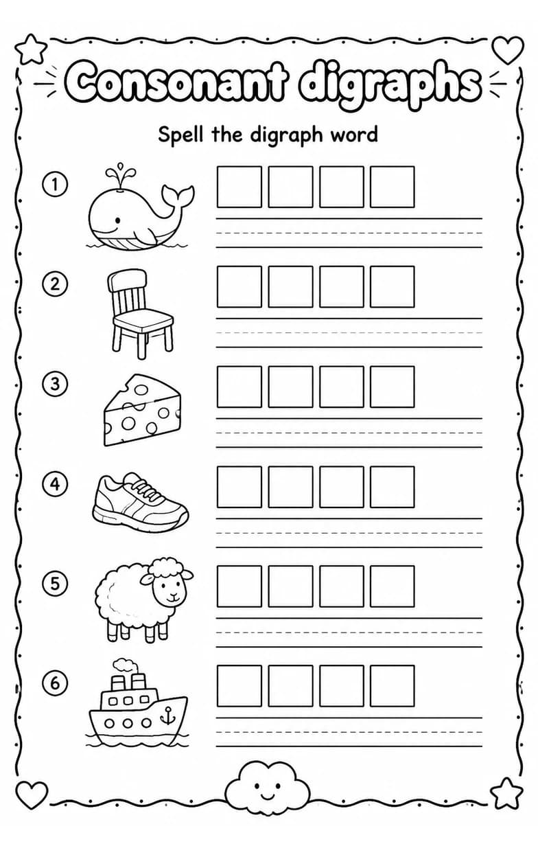 Spell the digraph word — free printable Reading foundations English worksheet