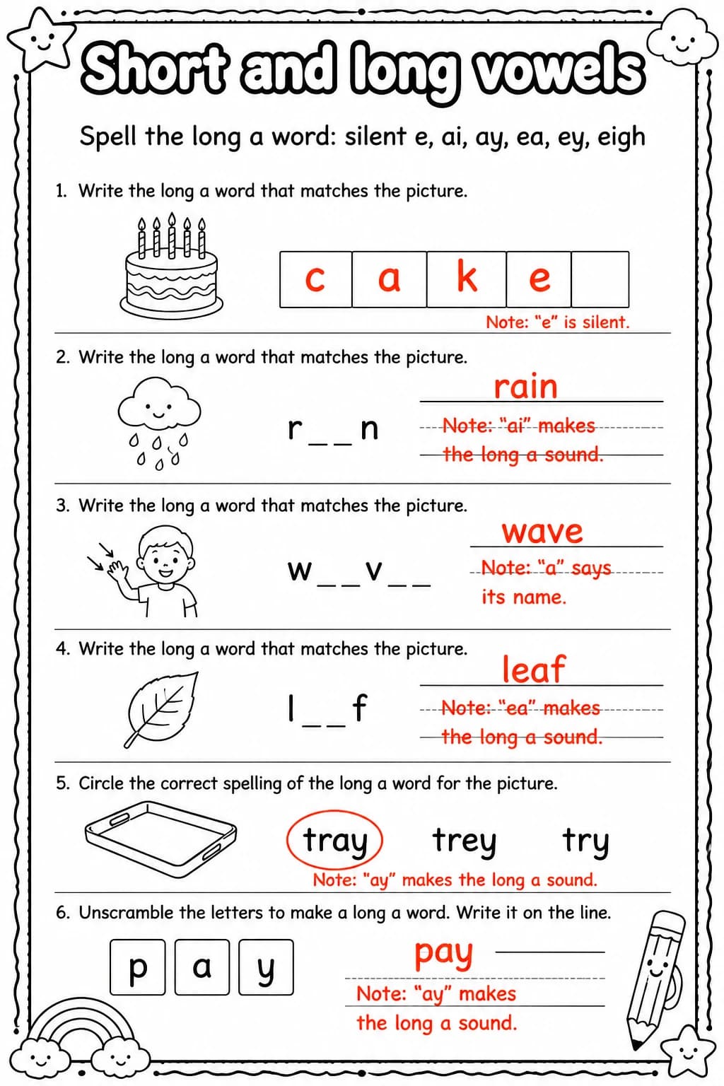 Answer key for Spell the long a word: silent e, ai, ay, ea, ey, eigh — free printable English & Reading worksheet