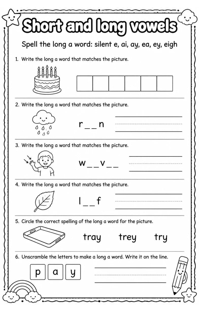 Spell the long a word: silent e, ai, ay, ea, ey, eigh — free printable Grade 3 English & Reading worksheet